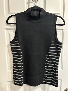 White House Black Market Black Sleeveless Mock Neck Tank with White Side Stripes
